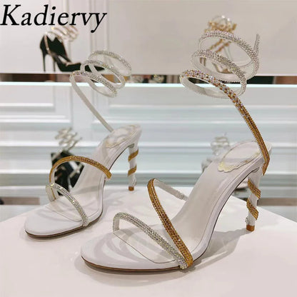 Luxury High Heels Sandals Woman Rhinestone Snake Twine Around Ankle Strap Wedding Shoes Stiletto Summer Gladiator Sandals Women