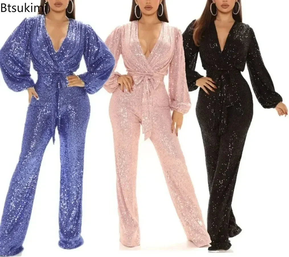 2026 Women's Elegant Sequined Jumpsuit Spring Summer Ladies Bling Bling V-neck High Waist Rompers Overalls with Lantern Sleeve