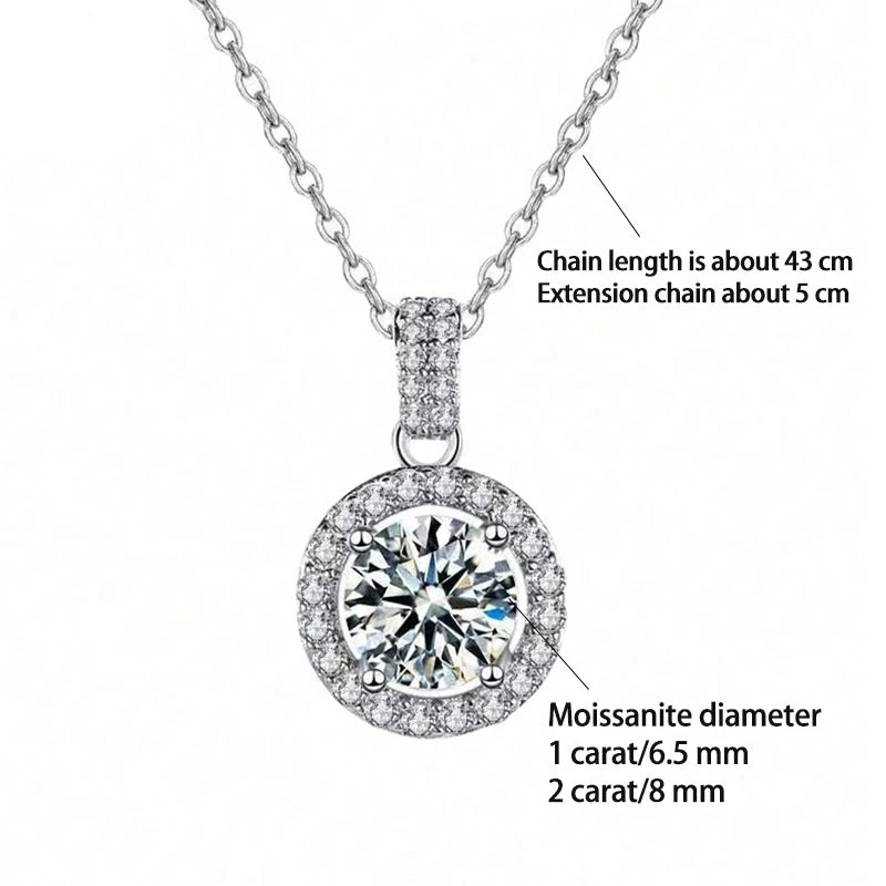 A Stylish and Trendy 925 Silver 1-Carat/2-Carat Moissanite Round Pendant Necklace with a Sophisticated Design.