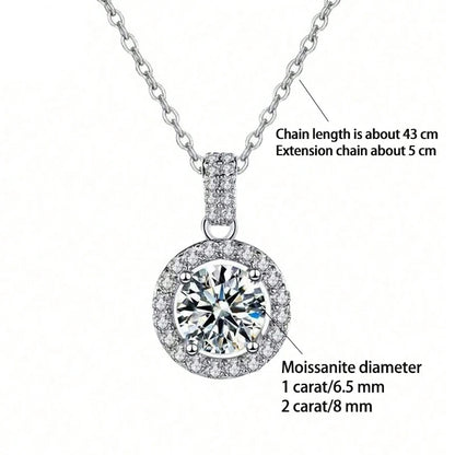 A Stylish and Trendy 925 Silver 1-Carat/2-Carat Moissanite Round Pendant Necklace with a Sophisticated Design.