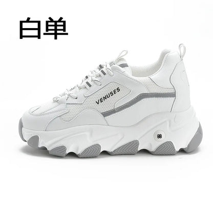 Women With Mesh And Synthetic Leather Upper Lace Up Design Round Toe Non Slip Thick Sole Breathable Casual Sports Shoes Trendy F