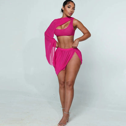 Y2K Sexy 2 Piece Set Women See Through Midnight Irregular Full Sleeve Crop Tops+Ruched Split Skirts Matching Clubwear