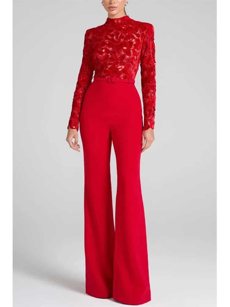 Autumn And Winter New Long-sleeved Belt High-waisted Casual One-piece Flared Trousers Women's Casual Loose Party Jumpsuits
