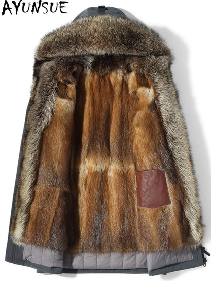 AYUNSUE Fashion Warm Men's Natural Fur Parkas Winter Detachable Mink Fur Liner Jacket for Man Hooded Raccoon Collar Fur Coat