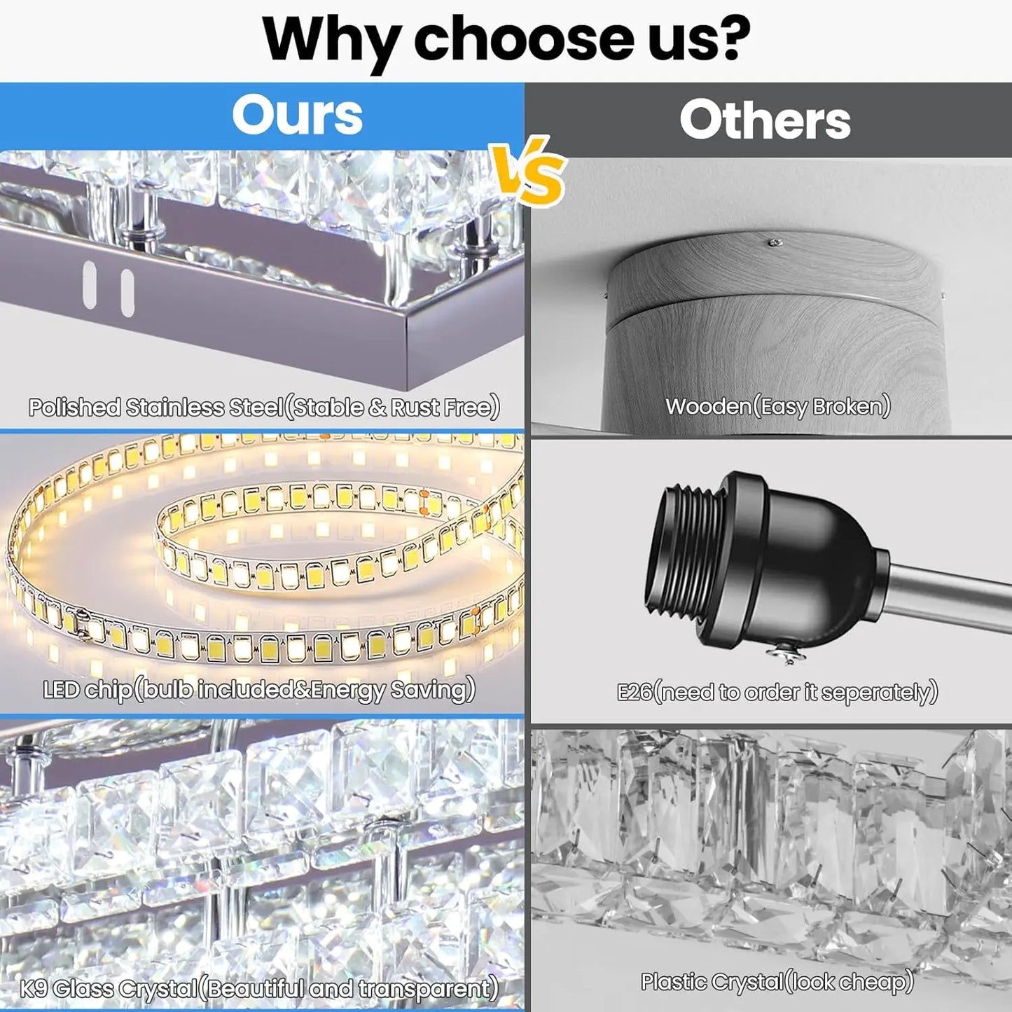 Modern Crystal LED Ceiling Light Fixture 20” Rectangular Flush Mount Chandelier Ceiling Lights 3-Tiers Stainless Steel Ceiling L