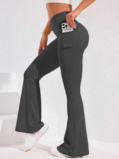 High Waist Flare Leg Yoga Pants Women with Pocket Push Up Butt  Running Tights Wide Leg Pants Gym Outdoor Cycling Leggings
