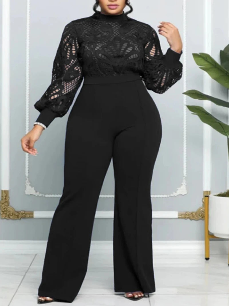 Elegant Women Jumpsuits Classy Hollow Out Lace Panel Long Sleeve Stretch One Piece Wide Leg Jumpsuits Oufits