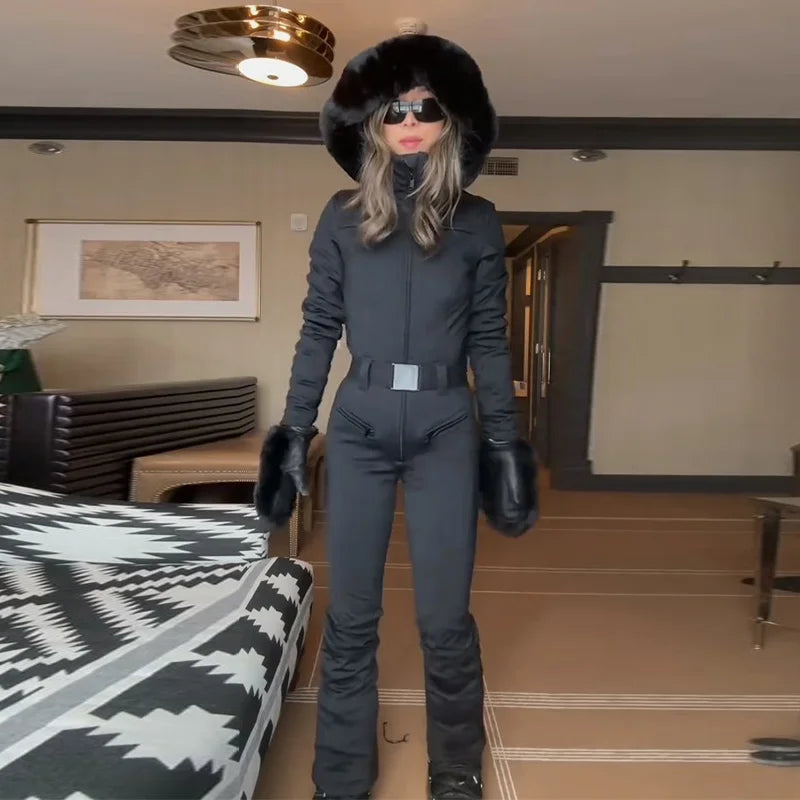 Casual Solid Ski Hoodie Jumpsuits Women Street Full Sleeve Closed Waist Slim Warm Belt Suits Female 2026 Fashion Snow Lady Suit