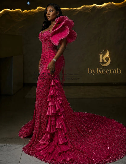 Aso Ebi Mermaid Prom Dress With Glitter Sequins Diamond Evening Party Gown Customized Off Shoulder Birthday Slit Robe De Soiree