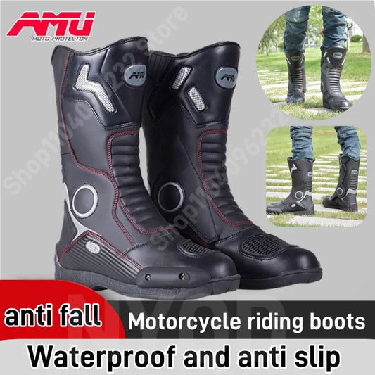 AMU Motorcycle Riding Boots Winter High Top Motorcycle Boots Waterproof, Anti Slip, Anti-Fall Racing Professional Road Boots