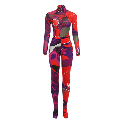 Nibber Sexy Sporty 2-Piece Set Women Tracksuit Sporty Fall Crop Tops+Leggings Matching Tight Stretch Colorful Print Streetwear