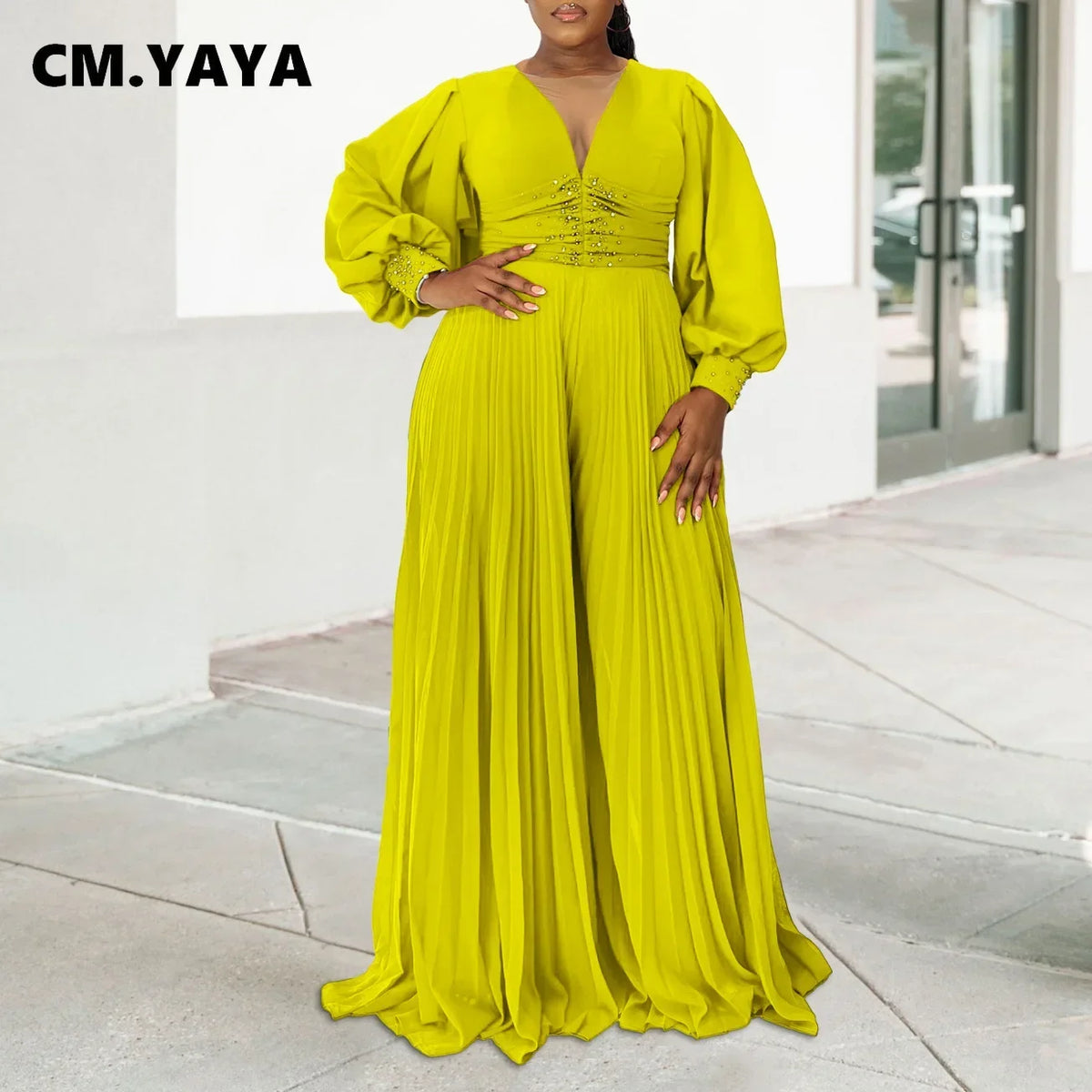 CM.YAYA Women Diamonds Long Sleeve Pleated V-neck Wide Leg Long Jumpsuits Party Beach Fashion Street Sexy Africa Outfit Rompers