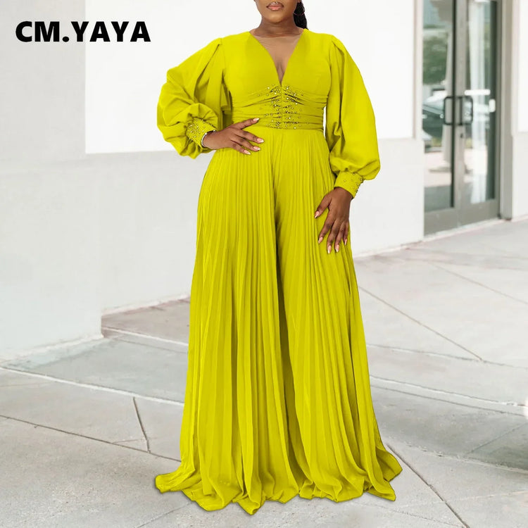 CM.YAYA Women Diamonds Long Sleeve Pleated V-neck Wide Leg Long Jumpsuits Party Beach Fashion Street Sexy Africa Outfit Rompers