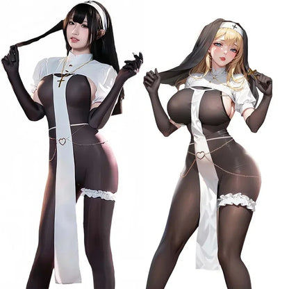 Sexy Nun Uniform Cosplay Halloween Costume Lingerie Open Crotch Jumpsuit Black See Though Tight Bodysuit Women Bodystocking