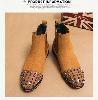 New Brown Men Chelsea Boots Flock Rivet Square Toe Red Sole Punk Handmade Men Short Boots  Bottes Pour Hommes