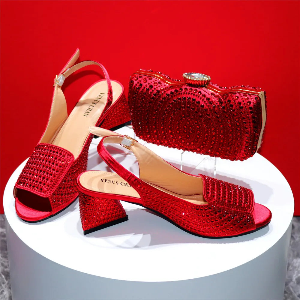 High Heels Shoes for Women Embroidery Rhinestone Italian Design Blue Color Pointed Toe Shoes and Bags Set Fashion