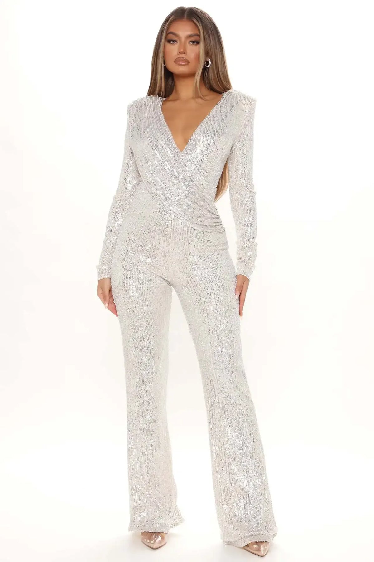 Women Jumpsuits V Neck Rompers Overalls One Piece Formal High Waist Pullover Sexy Sequins Solid Full Length Spring 2024