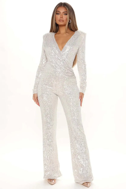 Women Jumpsuits V Neck Rompers Overalls One Piece Formal High Waist Pullover Sexy Sequins Solid Full Length Spring 2024