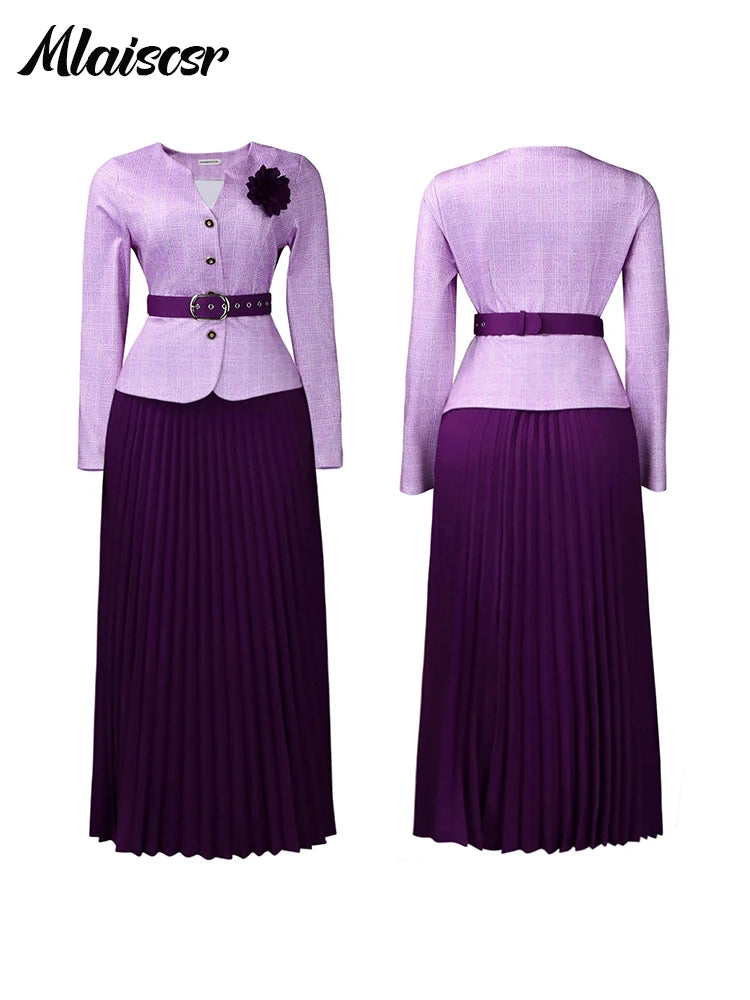 Mlaiscsr Fashion Plaid Blazer Suits for Woman Button 3D Floral Brooch Belt and Pleated Skirt 2 Piece Set Female Office Outfits