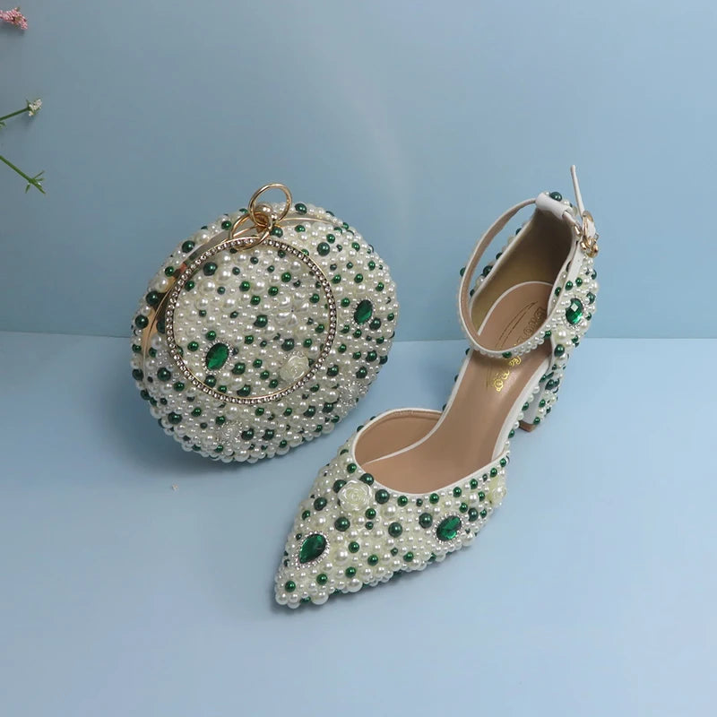 BaoYaFang Green Pointed Toe Pearl Bridal Wedding Shoes and Bag Thin Heel Slingbacks Female Ladies Party Shoe Shallow Women Shoes