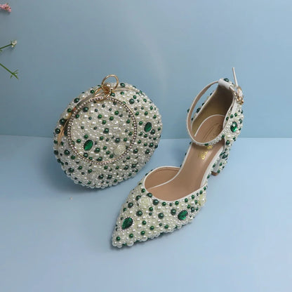 BaoYaFang Green Pointed Toe Pearl Bridal Wedding Shoes and Bag Thin Heel Slingbacks Female Ladies Party Shoe Shallow Women Shoes