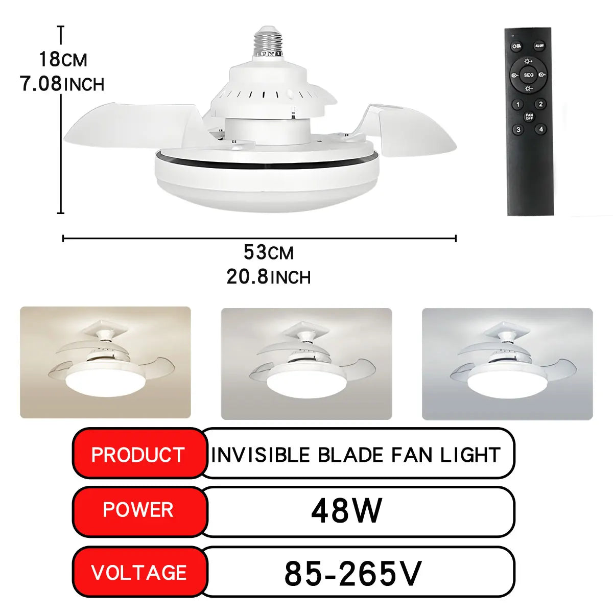 Three-Color Dimming LED E27 Ceiling Fan Lights with Remote Control Silent Dimmable Invisible Fan Light for Living Room Bedroom