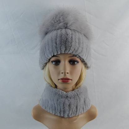 New Winter Lady Brand Hand Make Real Genuine Fox Fur Hat Scarf Girls Natural Real Rex Rabbit Fur Ring Cap Real Fur Scarves Hats