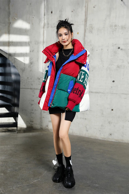 Streetwear Letter Stitching Fashion Down Jacket Women's New Hooded Parka Loose Winter Down Coat Female Thick Casual Warm Clothes
