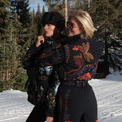 Women's Skiwear Printed With Belt Jumpsuits Winter Female Stand Collar Long Sleeve Zipper Slim Jumpsuit New Ladies Ski Sportwear