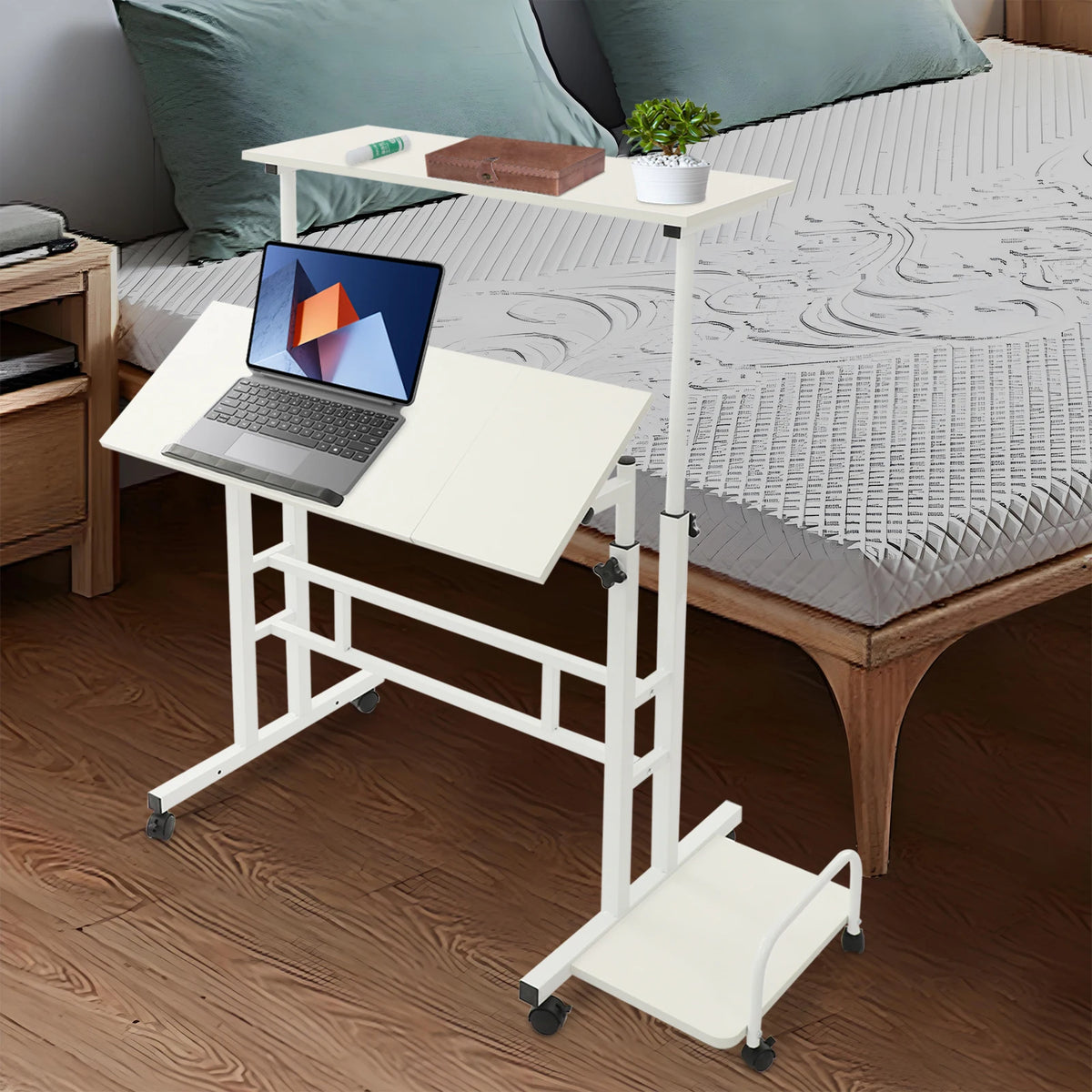 Mobile Computer Desk  with Tiltable Panels 6 Casters Adjustable Height Ergonomic Foldable Sit Stand Workstation for Home Office Dormitory Study Room