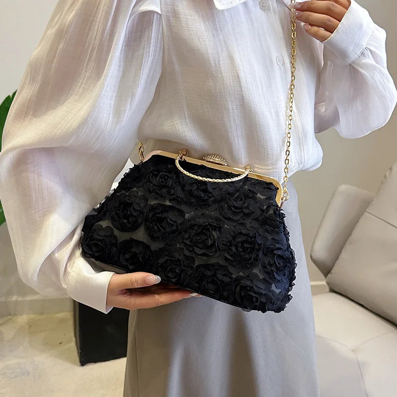 Luxury Satin Floral Bride Party Evening Clutch Bag Women Wedding Purses and Handbags Small Shoulder Chain Bag Designer Bag