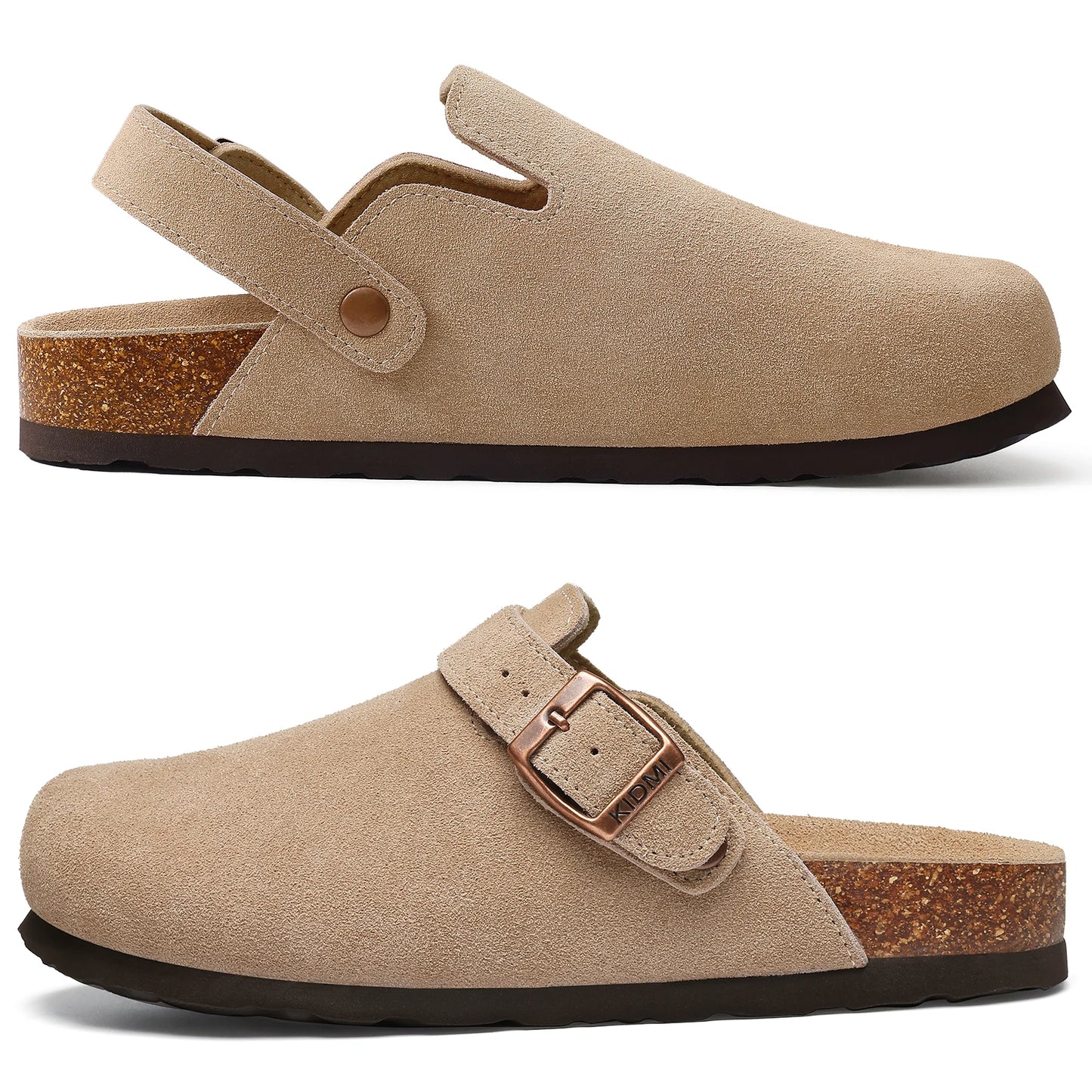 Kidmi New Cow Suede Women's Potato Shoes With Adjustable Strap Cork Insole Mules Outdoor Unisex Clogs Slippers With Arch Support