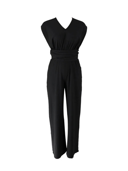 Women's Black Jumpsuit, Deep V Cross Neck, Tie Waist Straight Leg Pants, Elegant Daily Streetwear