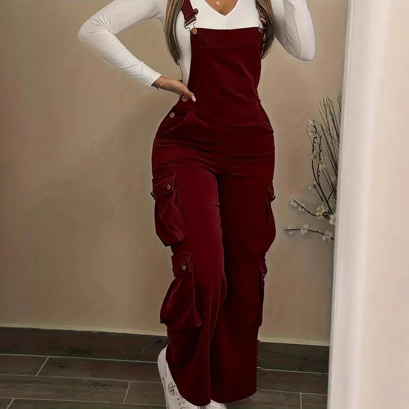 Y2K Casual Solid Strappy Bodysuit Sexy High Waist Ribbed Corduroy Overalls Spring Summer Cargo Pocket Wide Leg Women's Jumpsuits