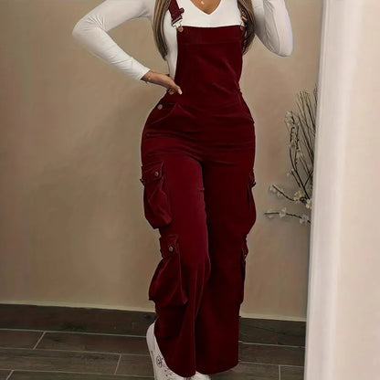 Y2K Casual Solid Strappy Bodysuit Sexy High Waist Ribbed Corduroy Overalls Spring Summer Cargo Pocket Wide Leg Women's Jumpsuits