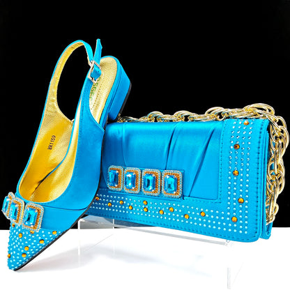 QSGFC 2026 Summer New Design Specials Italian Women Shoes and Bag Set Sky Blue Color Comfortable Low Heels With Rhinestone