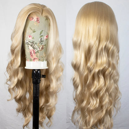 Honey Blonde Long Wavy Synthetic Lace Front Wig for Women Free Part Loose Curly Hair Heat Resistant Fiber Wigs for Daily Party