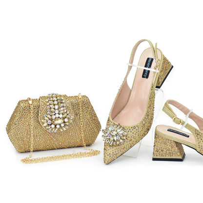 New Fashion Italian Design Rhinestone Pointed-Toe High Heel Shoes & Matching Bag Set Shoe and Bag Set for Nigeria Party Italy