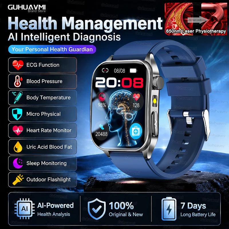 2026 New Non-Invasive Laser Treatment Three High Smart Watch Man ECG Heart Test Blood Fat Uric Acid Smart Watch For Android IOS