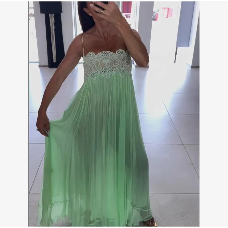 Light Blue Halter Neck Pleated Mini Dress Lady Sleeveless High Waist Hollow Lace Short Vestidos Summer Women's Vacation Outfit