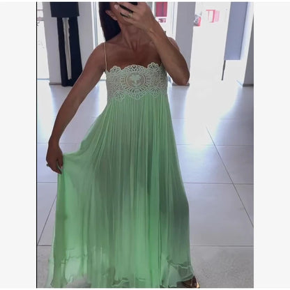 Light Blue Halter Neck Pleated Mini Dress Lady Sleeveless High Waist Hollow Lace Short Vestidos Summer Women's Vacation Outfit