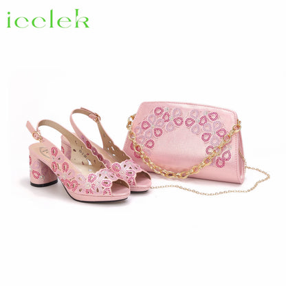 New Fashionable Coffee Color Peep Toe Ladies Shoes Matching Bag Set For Nigerian Women Wedding Party Pump
