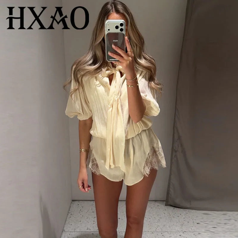 HXAO Lace Bodysuit Women Off White Short Jumpsuit With Bow Ties Puff Short-Sleeved Button Playsuit Summer Casual Baggy Rompers