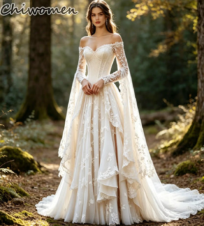 Boho Fairy Forest Wedding Dress Off The Shoulder Cape Sleeves Lace Forest Woodland Elopement Bride Dresses Medieval Country