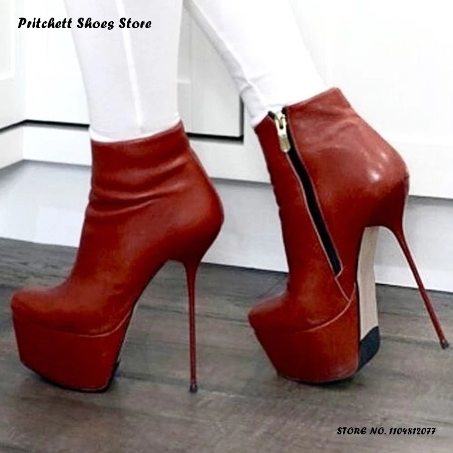 Women's Red Platform Stiletto Booties Spring Autumn Sexy Solid Zipper Ankle Boots Round Toe Thin Heels Trending Party Footwear