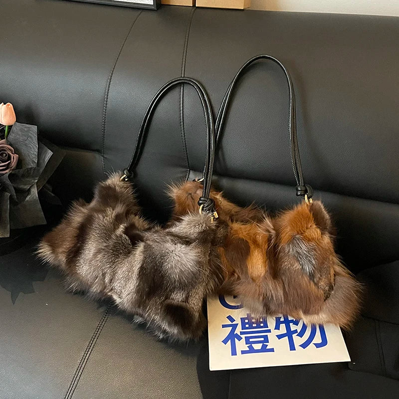 Winter Warm Fox Fur Shoulder Hobo Bags For Women Latest Luxury Designer Purses And Handbags Elegant Evening Bag For Dinner Party