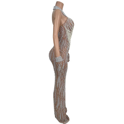 Elegant Pearls Crystal Tassel Wide Leg Jumpsuit Women Plus Size Backless Club Party Rompers Birthday Prom Playsuit Festival Wear
