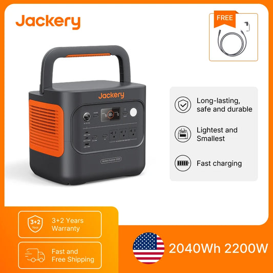 Jackery Explorer 2000 v2 Portable Power Station with 5M Charging Cable, Solar Generator for Emergencies, Power Outages, Camping