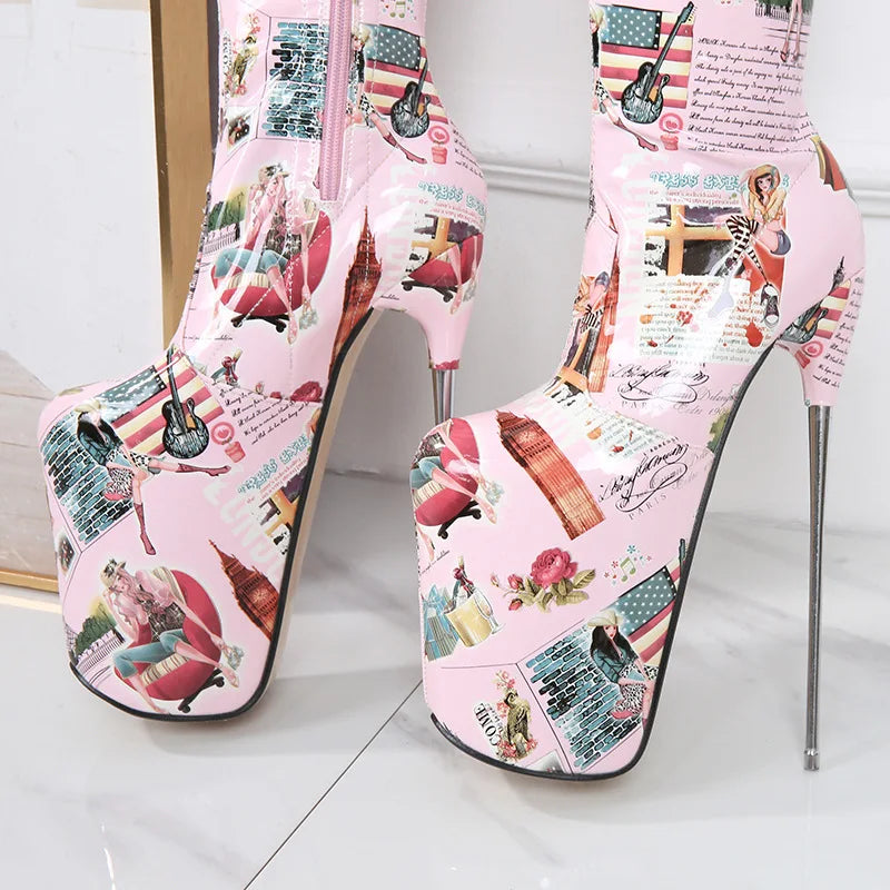 Spring Summer Patent Leather 19cm Super High Heels Platform Over The Knee Boots Women Large Size Zebra Patten Long Thigh Boots