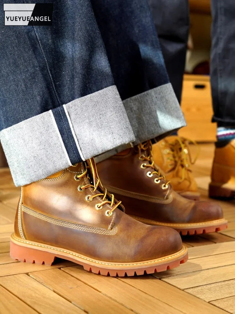 New Men Fashion Cow Suede Leather Round Toe Patchwork Comfortable Mid Heel Shoes Work Lace Up Male Handmade Wear Resistant Boots
